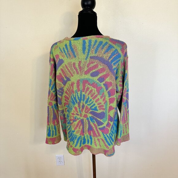 Womens Multicolor Pullover Sweater Tie Dye Lime Green Large Crew Comfy - Picture 2 of 7